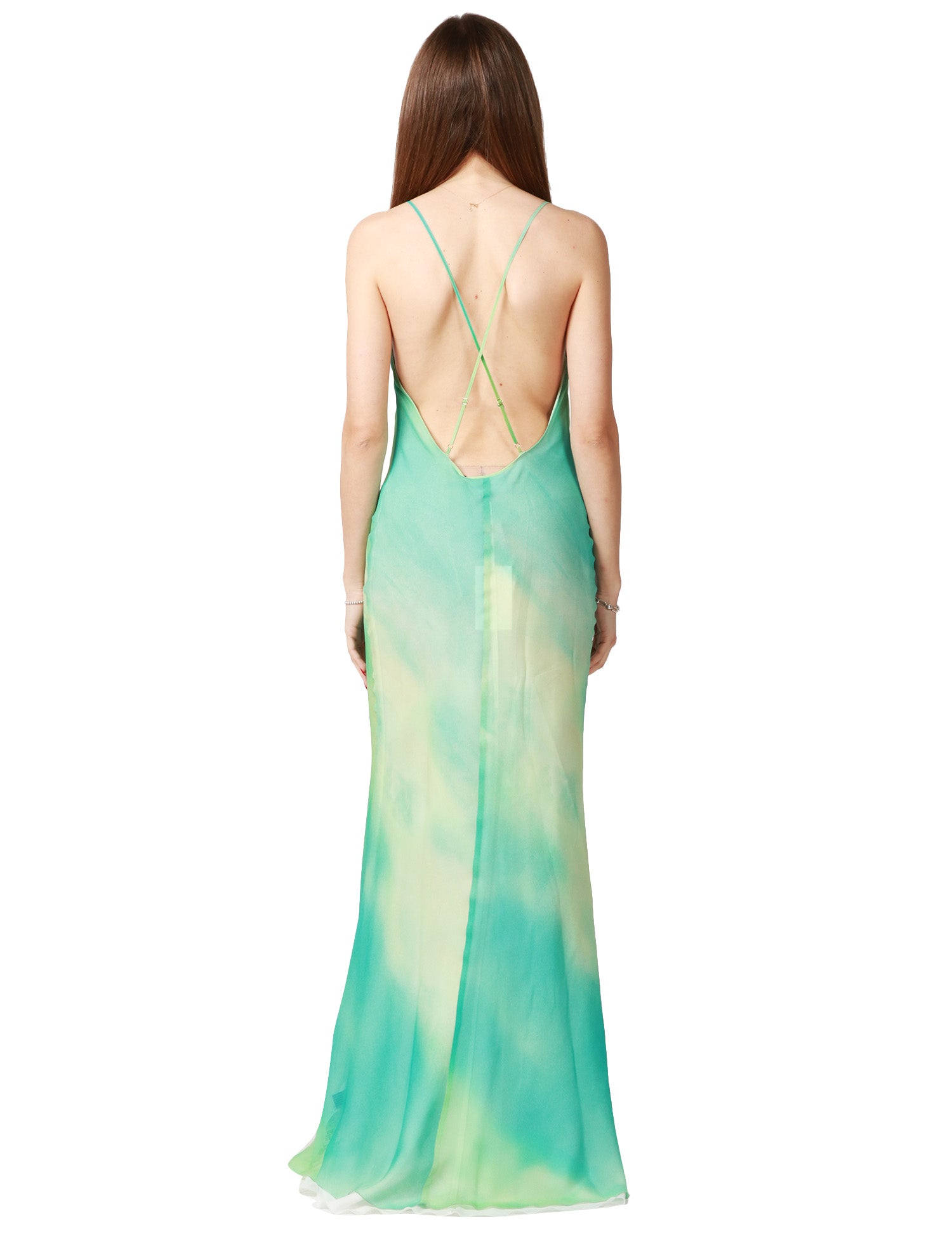 ABITO LUNGO MVP WARDROBE AURORA FILMY AZZURRO STAMPA SHADE IN GEORGETTE CON SCOLLO MORBIDO DAVANTI