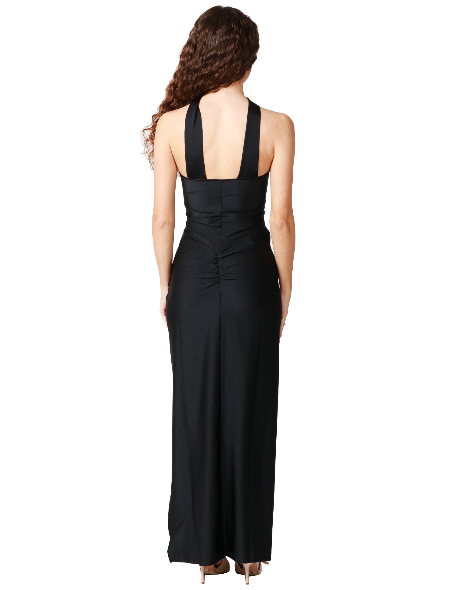 ABITO DONNA MVP WARDROBE LUNA MIDI NERO IN LYCRA CON SCOLLO A LUPETTO E CUT-OUT IN VITA CON FILO IN CRISTALLO