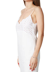 ABITO LUNGO MVP WARDROBE ZOE LONG BIANCO CON SCOLLO IN SANGALLO E GONNA IN CRèPE