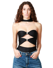 BODY DONNA MVP WARDROBE LUNA NERO IN LYCRA CON CUT-OUT IN VITA E FILO DI CRISTALLO