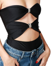 BODY DONNA MVP WARDROBE LUNA NERO IN LYCRA CON CUT-OUT IN VITA E FILO DI CRISTALLO