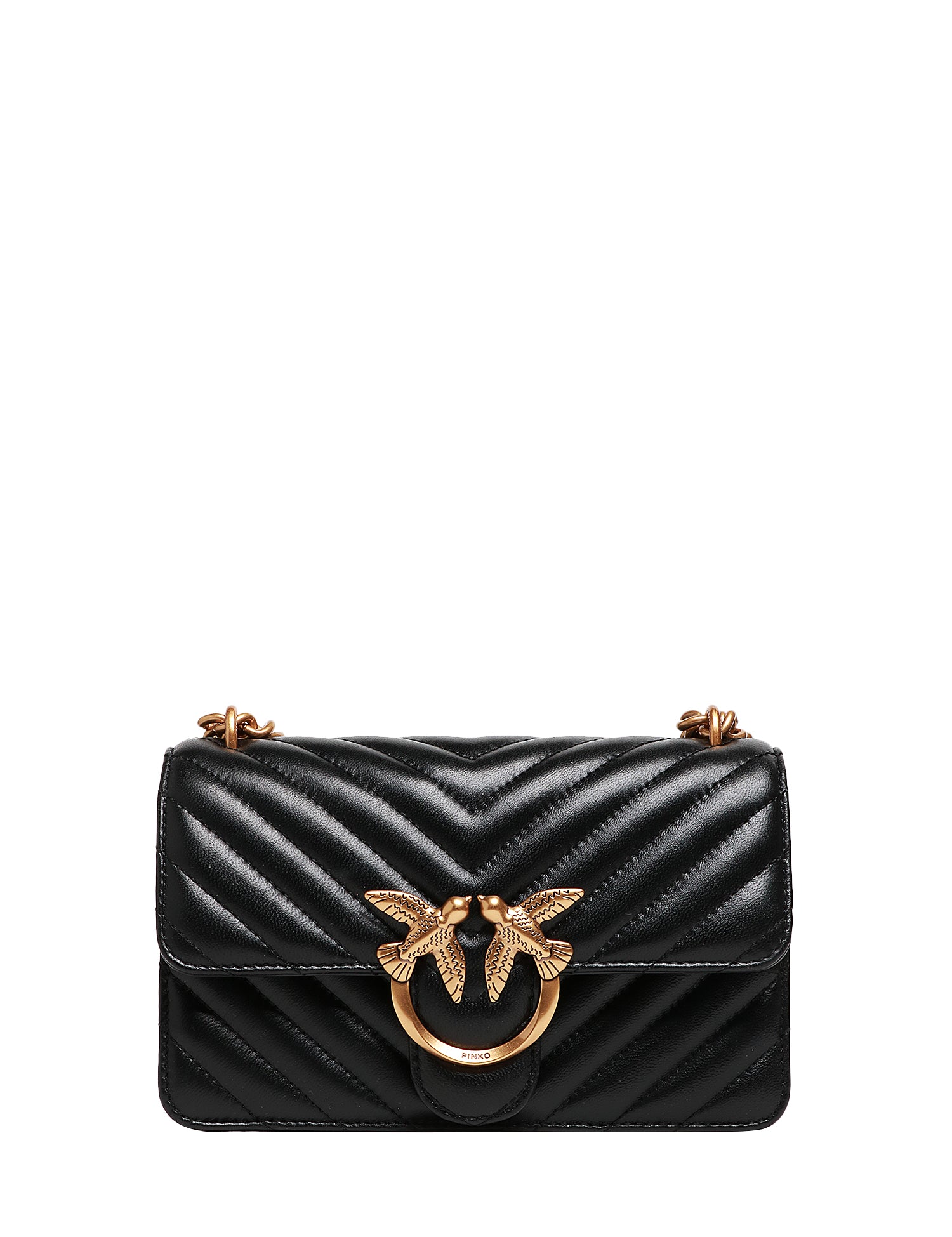 BORSA PINKO MINI LOVE BAG NERA IN NAPPA MATELASSè CHEVRON A PUNTA CON FIBBIA LOGO ORO