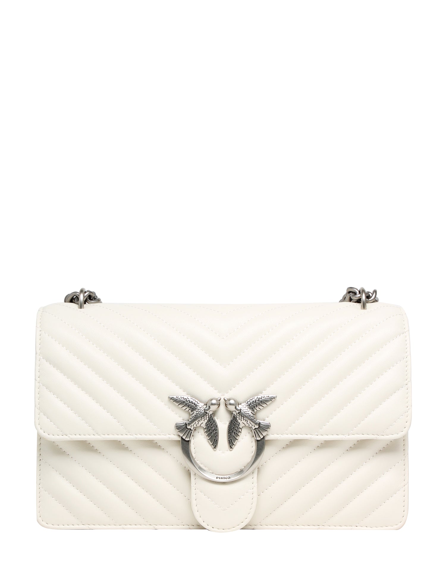 BORSA PINKO BIANCA CLASSIC LOVE BAG ONE IN NAPPA TRAPUNTATA CHEVRON CON FIBBIA E CATENA ARGENTO