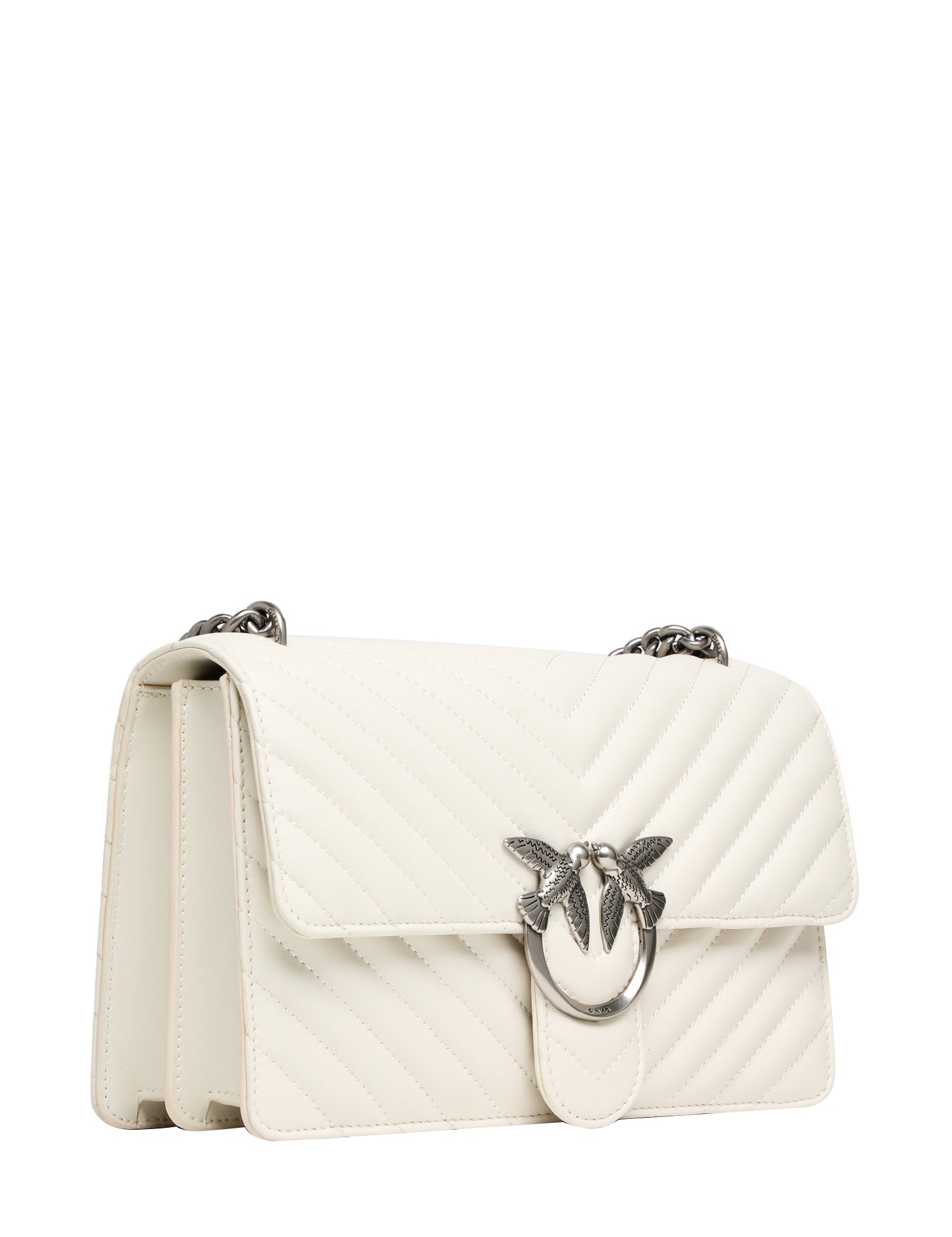 BORSA PINKO BIANCA CLASSIC LOVE BAG ONE IN NAPPA TRAPUNTATA CHEVRON CON FIBBIA E CATENA ARGENTO