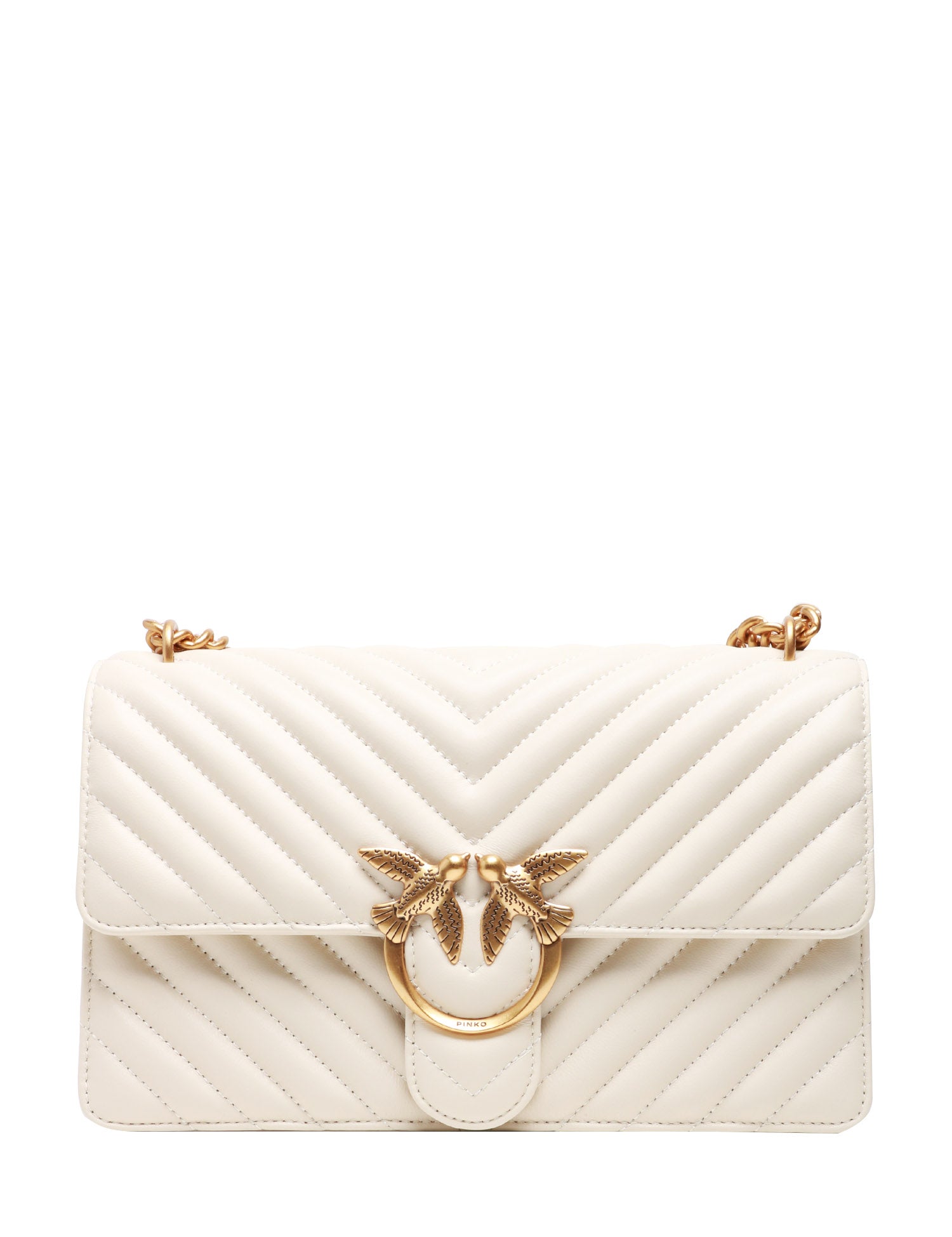 BORSA PINKO BIANCA CLASSIC LOVE BAG ONE IN NAPPA TRAPUNTATA CHEVRON CON FIBBIA E CATENA ORO