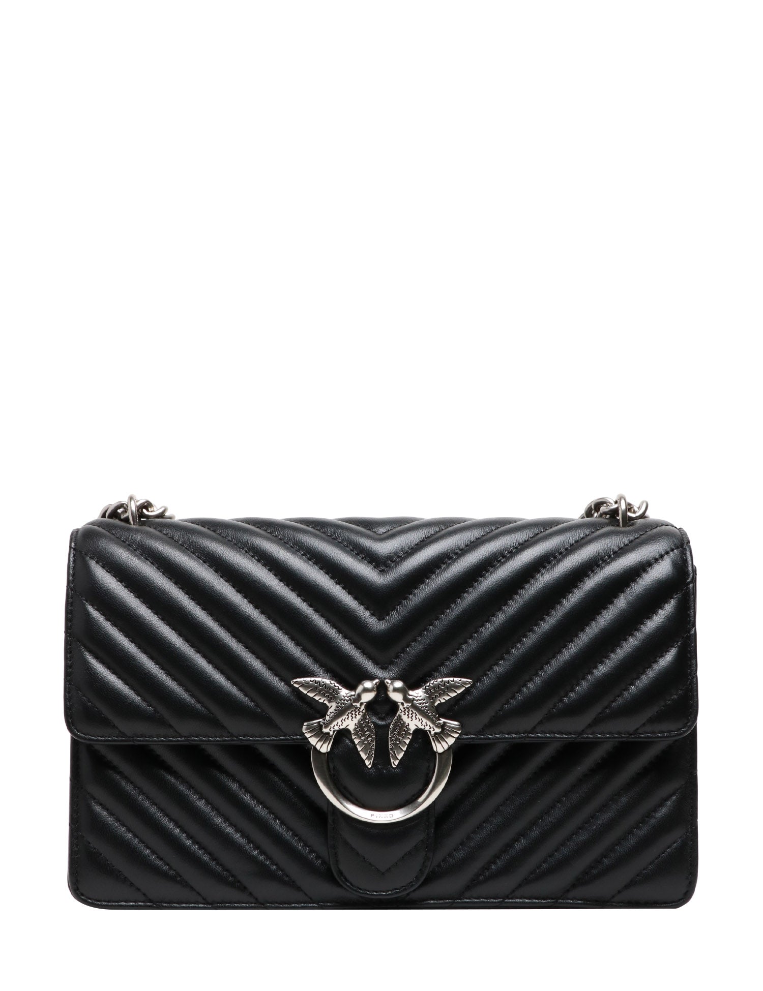 BORSA PINKO NERA CLASSIC LOVE BAG ONE IN NAPPA TRAPUNTATA CHEVRON CON FIBBIA E CATENA ARGENTO