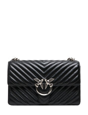 BORSA PINKO NERA CLASSIC LOVE BAG ONE IN NAPPA TRAPUNTATA CHEVRON CON FIBBIA E CATENA ARGENTO