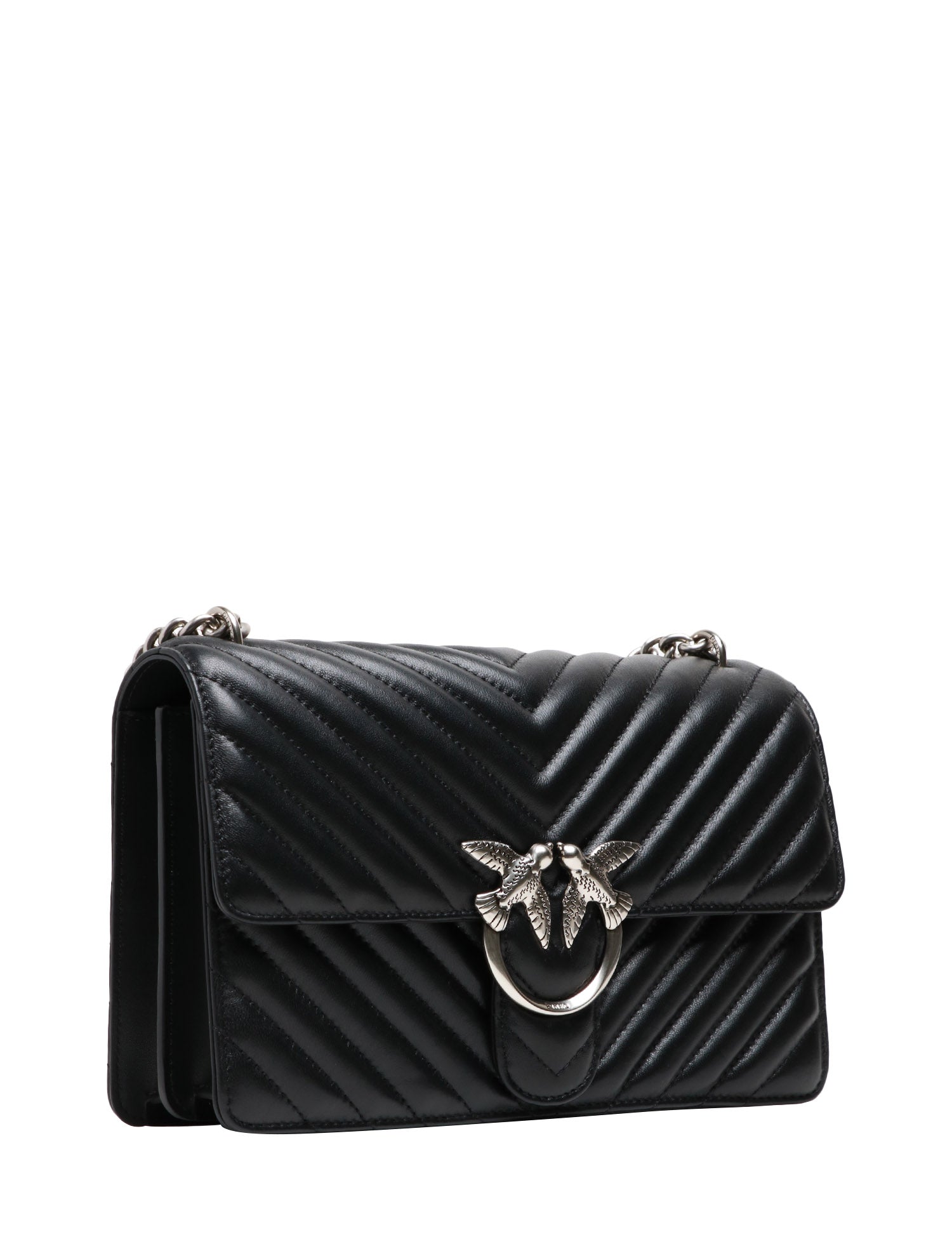 BORSA PINKO NERA CLASSIC LOVE BAG ONE IN NAPPA TRAPUNTATA CHEVRON CON FIBBIA E CATENA ARGENTO