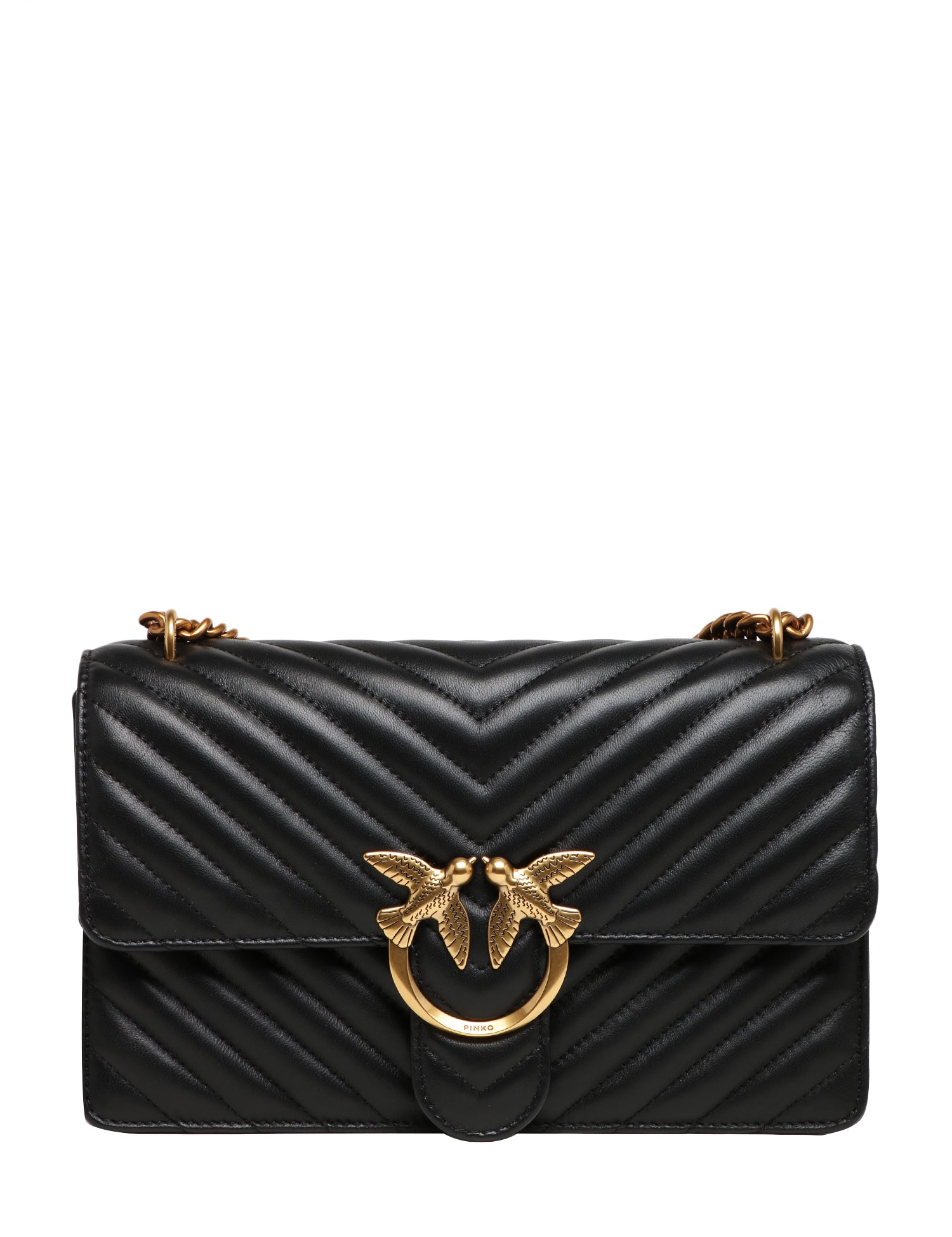 BORSA PINKO NERA CLASSIC LOVE BAG ONE IN NAPPA TRAPUNTATA CHEVRON CON FIBBIA E CATENA ORO