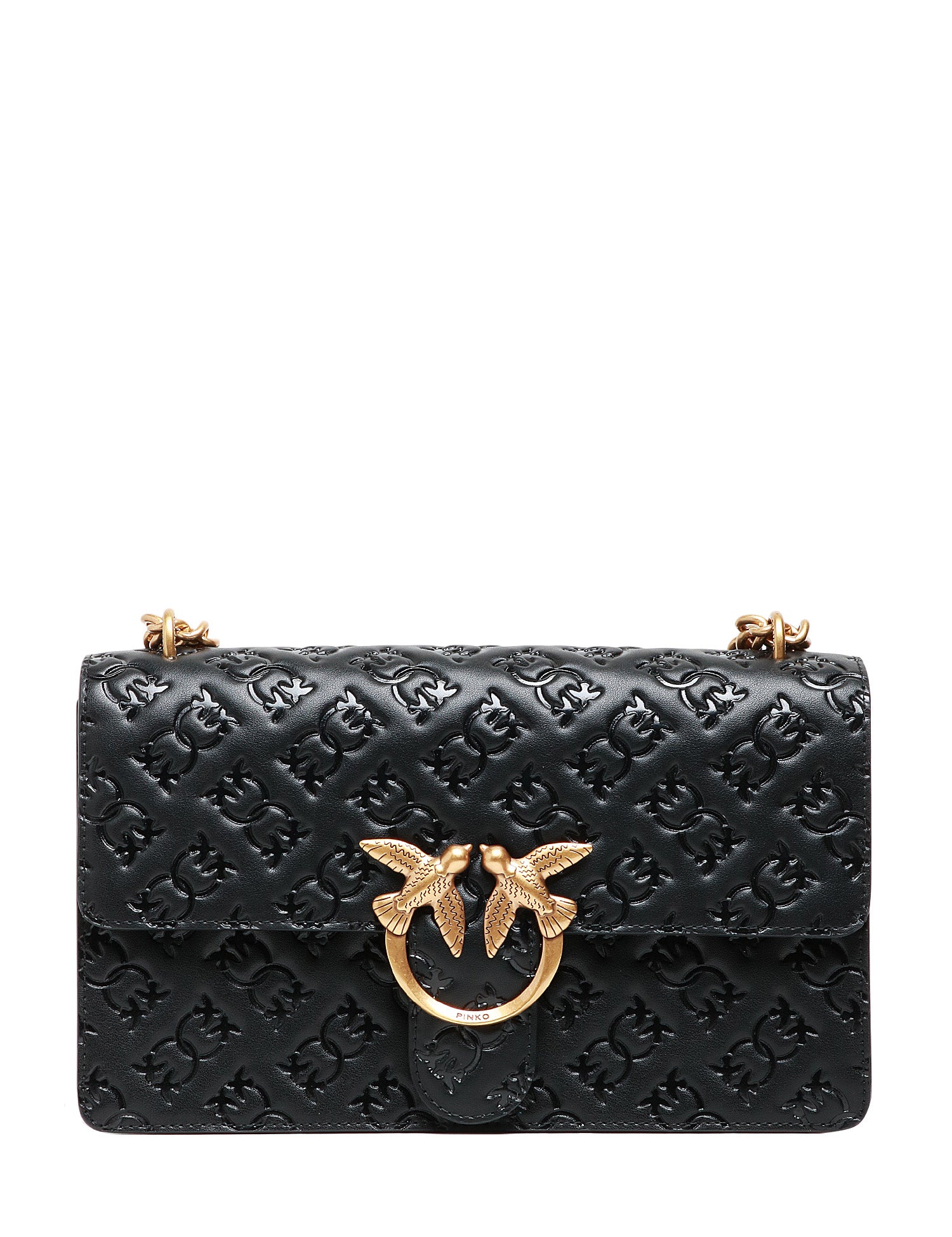BORSA PINKO NERA LOVE BAG CLASSIC ONE IN PELLE LOGATA CON FIBBIA LOVE BIRDS E CATENA ORO