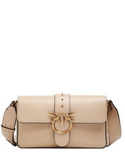 BORSA PINKO LOVE BAG SLOUCHY BEIGE CON FIBBIA LOVE BIRDS IN METALLO GOLD E SPALLACCIO IN PELLE