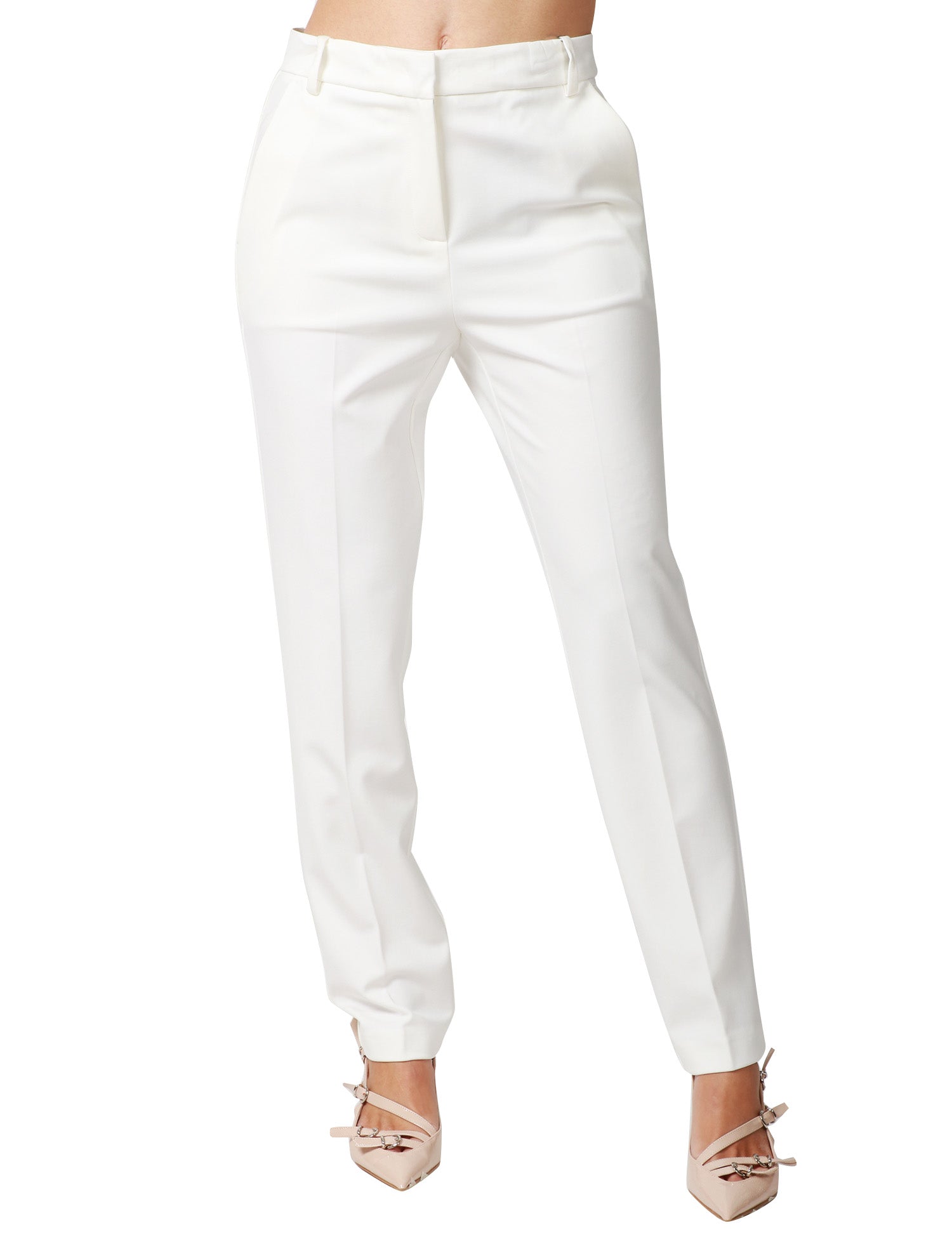 PANTALONE DONNA PINKO BELLO BIANCO CIGARETTE-FIT IN TESSUTO TECNICO DI VISCOSA LAVORATO PUNTO STOFFA