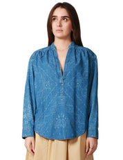 BLUSA DONNA PINKO BENGASI DENIM LEGGERO CON STAMPA BANDANA ALL-OVER E VOLUME BOXY