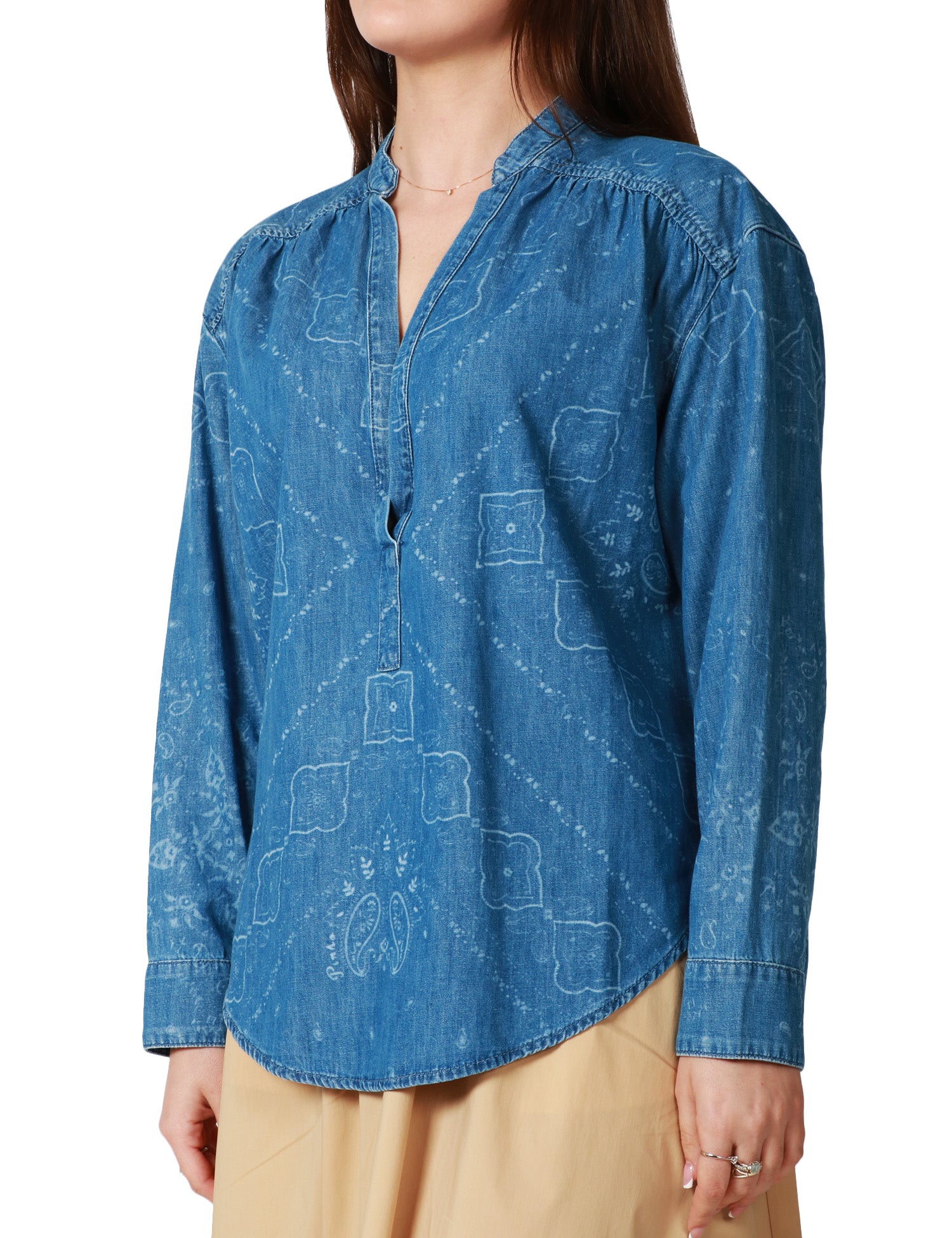 BLUSA DONNA PINKO BENGASI DENIM LEGGERO CON STAMPA BANDANA ALL-OVER E VOLUME BOXY