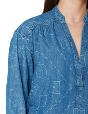 BLUSA DONNA PINKO BENGASI DENIM LEGGERO CON STAMPA BANDANA ALL-OVER E VOLUME BOXY