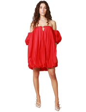 ABITO DONNA PINKO BERT ROSSO IN POPELINE A PALLONCINO CON MANICHE CORTE REMOVIBILI E SPALLE SCOPERTE