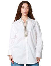 CAMICIA DONNA PINKO CAPIRAI BIANCA IN POPELINE DI COTONE CON STRASS SULLO SCOLLO A V