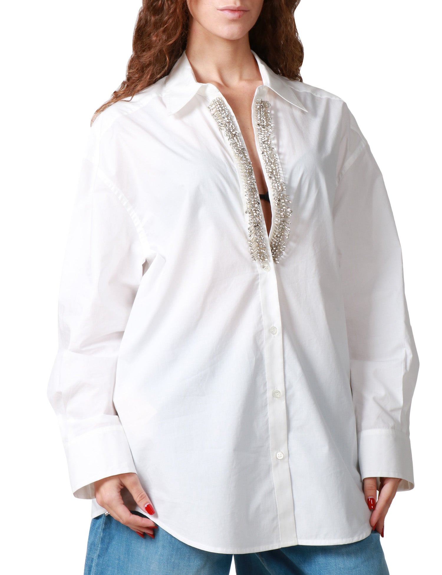 CAMICIA DONNA PINKO CAPIRAI BIANCA IN POPELINE DI COTONE CON STRASS SULLO SCOLLO A V