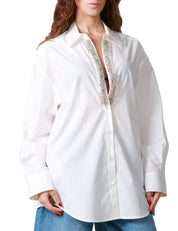 CAMICIA DONNA PINKO CAPIRAI BIANCA IN POPELINE DI COTONE CON STRASS SULLO SCOLLO A V