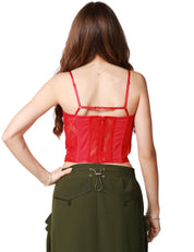 TOP BUSTINO PINKO CARDELLINO ROSSO IN PIZZO TRASPARENTE CON SPALLINE SOTTILI