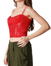 TOP BUSTINO PINKO CARDELLINO ROSSO IN PIZZO TRASPARENTE CON SPALLINE SOTTILI