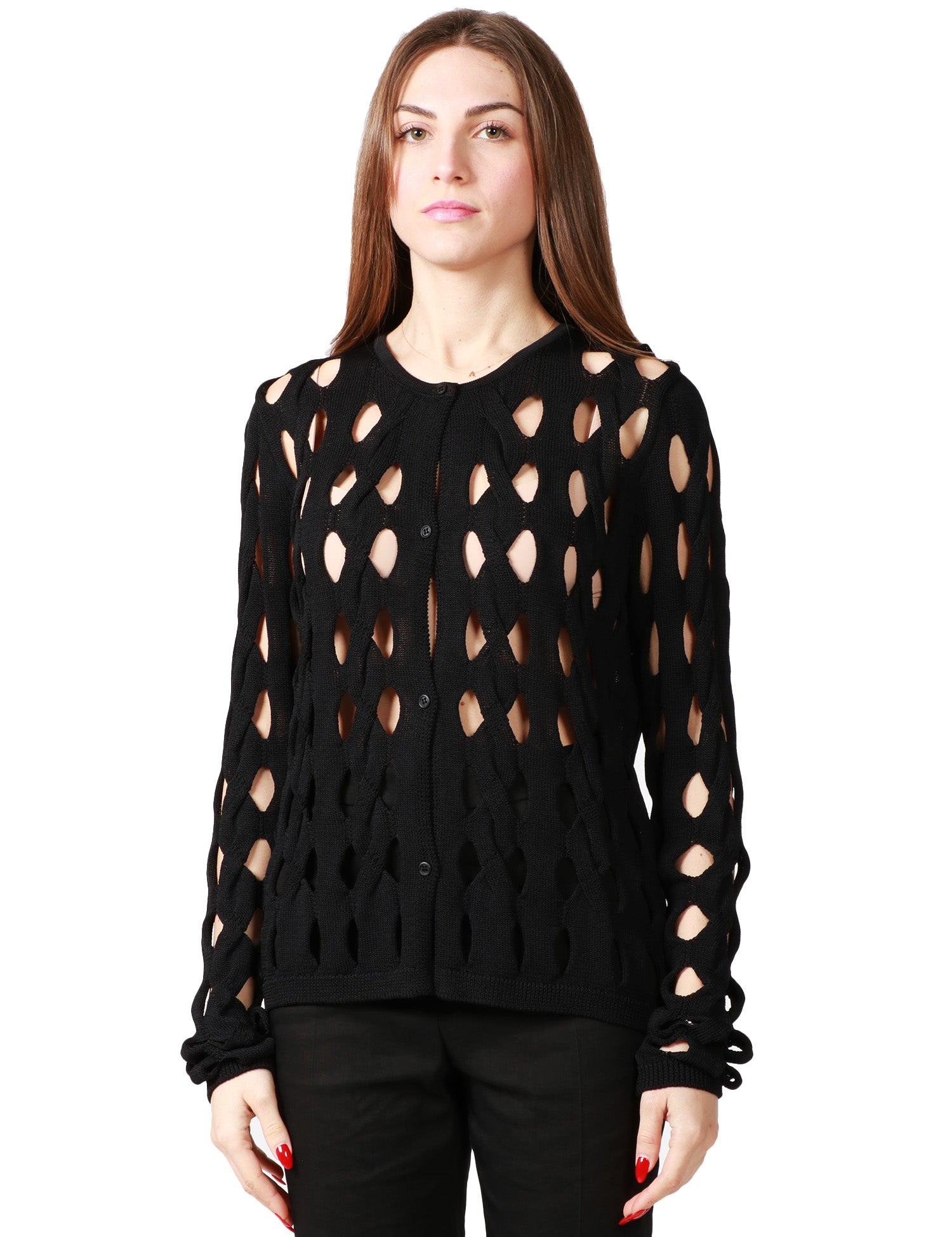 CARDIGAN DONNA PINKO CARLTON NERO IN VISCOSA CON LAVORAZIONE A TRECCE E TRAFORI