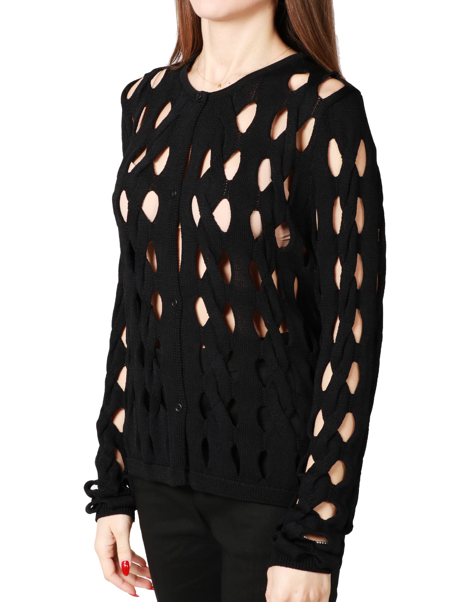 CARDIGAN DONNA PINKO CARLTON NERO IN VISCOSA CON LAVORAZIONE A TRECCE E TRAFORI