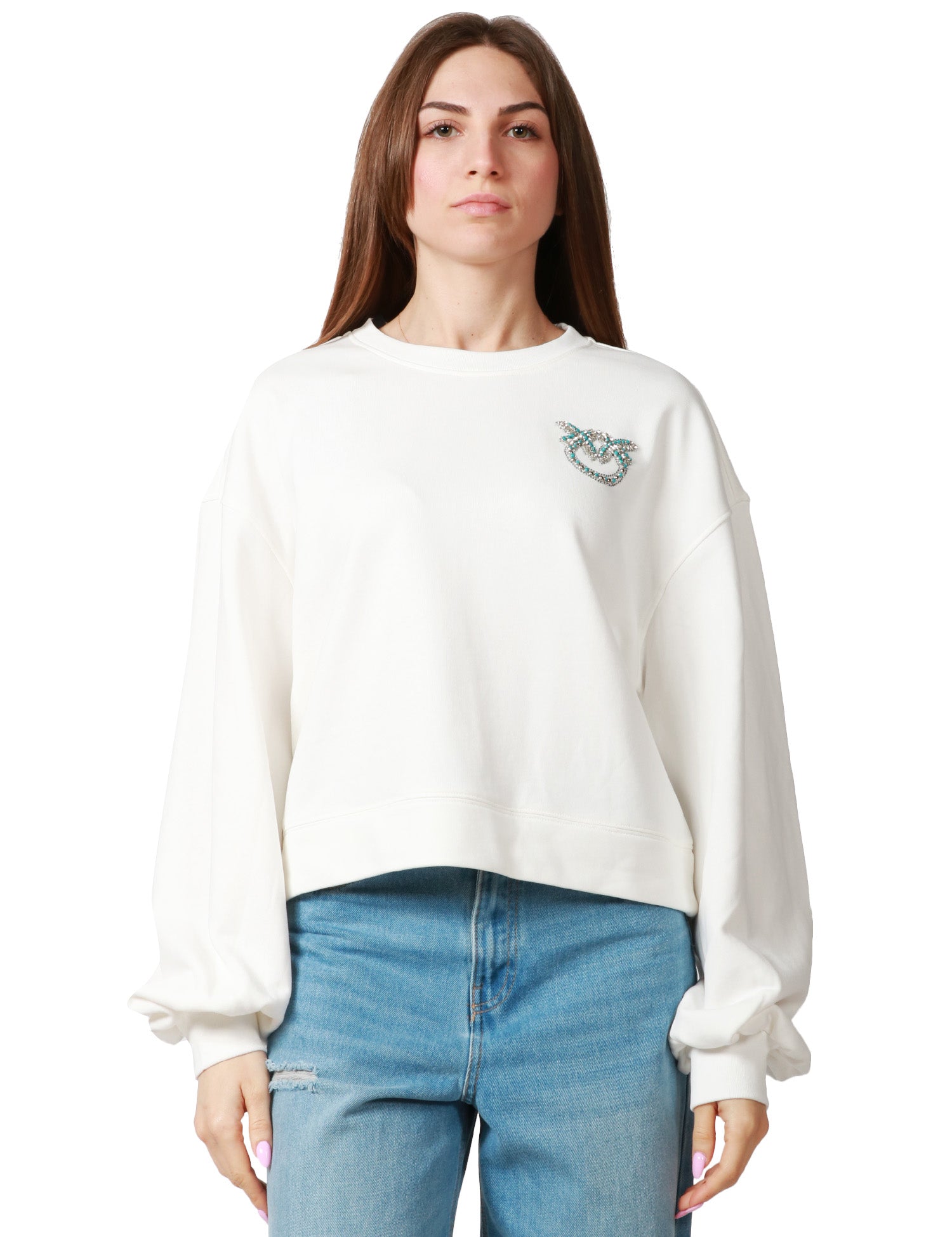 FELPA DONNA PINKO CERESOLE BIANCA CON RICAMO LOGO GIOIELLO E MANICHE AMPIE