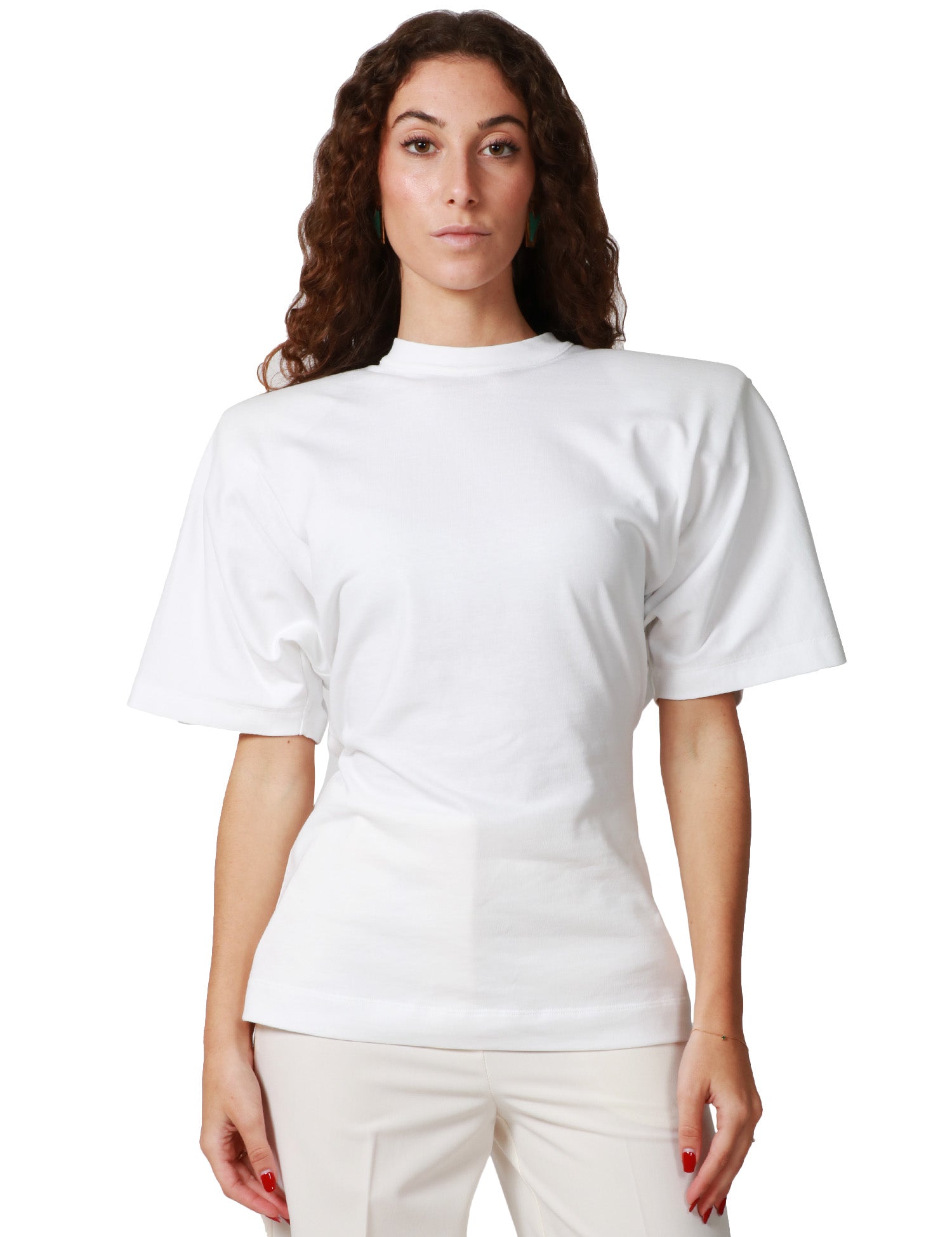 T-SHIRT DONNA PINKO DYLAN BIANCA CON MANICA VOLUMINOSA, SPALLA IMBOTTITA E CINTURINA IN VITA
