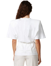 T-SHIRT DONNA PINKO DYLAN BIANCA CON MANICA VOLUMINOSA, SPALLA IMBOTTITA E CINTURINA IN VITA