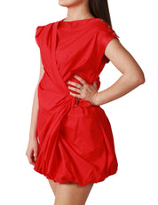 ABITO DONNA PINKO ELLIOT ROSSO SMANICATO IN POPELINE CON DRAPPEGGI E GONNA A PALLONCINO