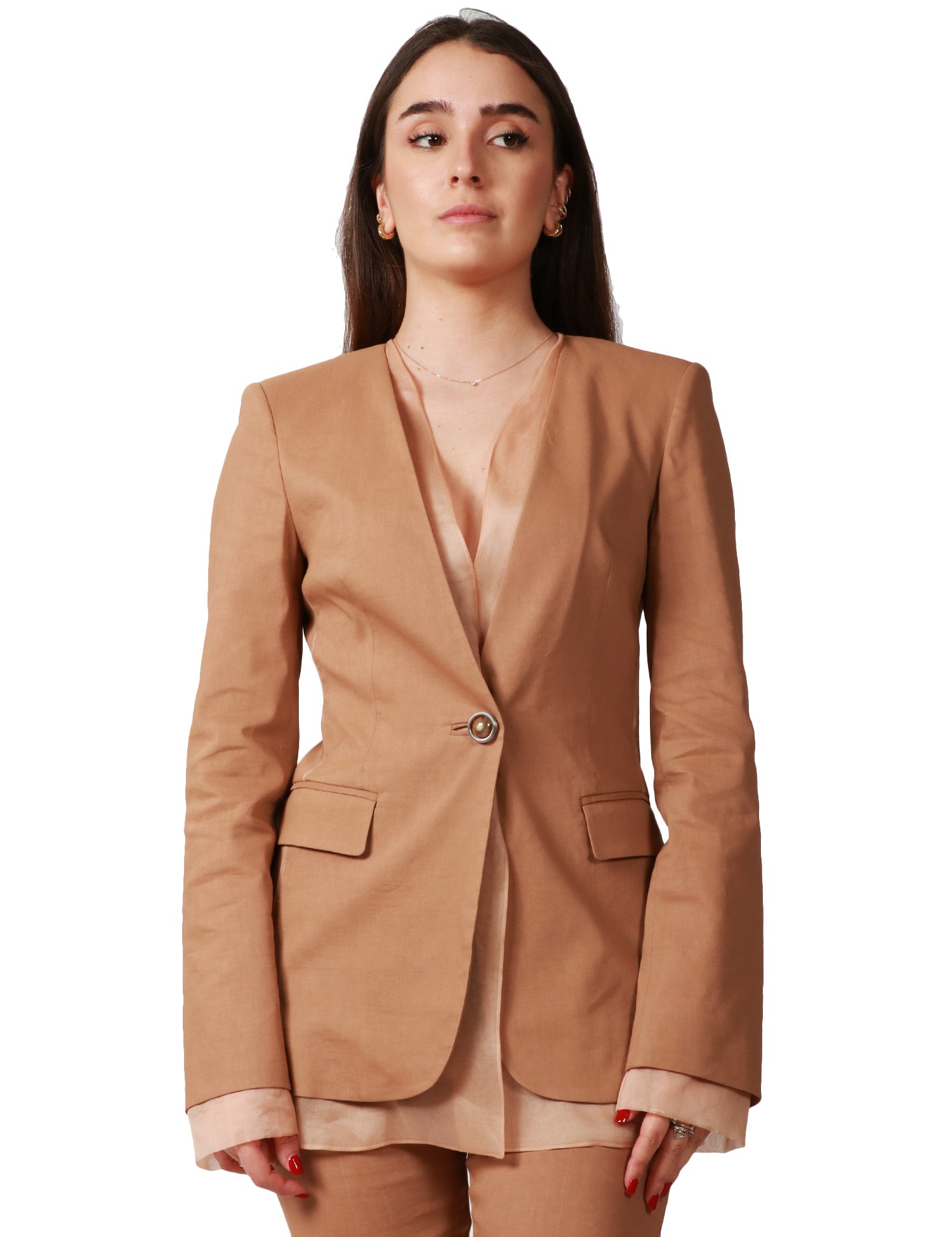 GIACCA DONNA PINKO GALLINA MARRONE MONOPETTO IN LINO STRETCH CON PROFILI IN ORGANZA DI SETA