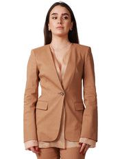 GIACCA DONNA PINKO GALLINA MARRONE MONOPETTO IN LINO STRETCH CON PROFILI IN ORGANZA DI SETA