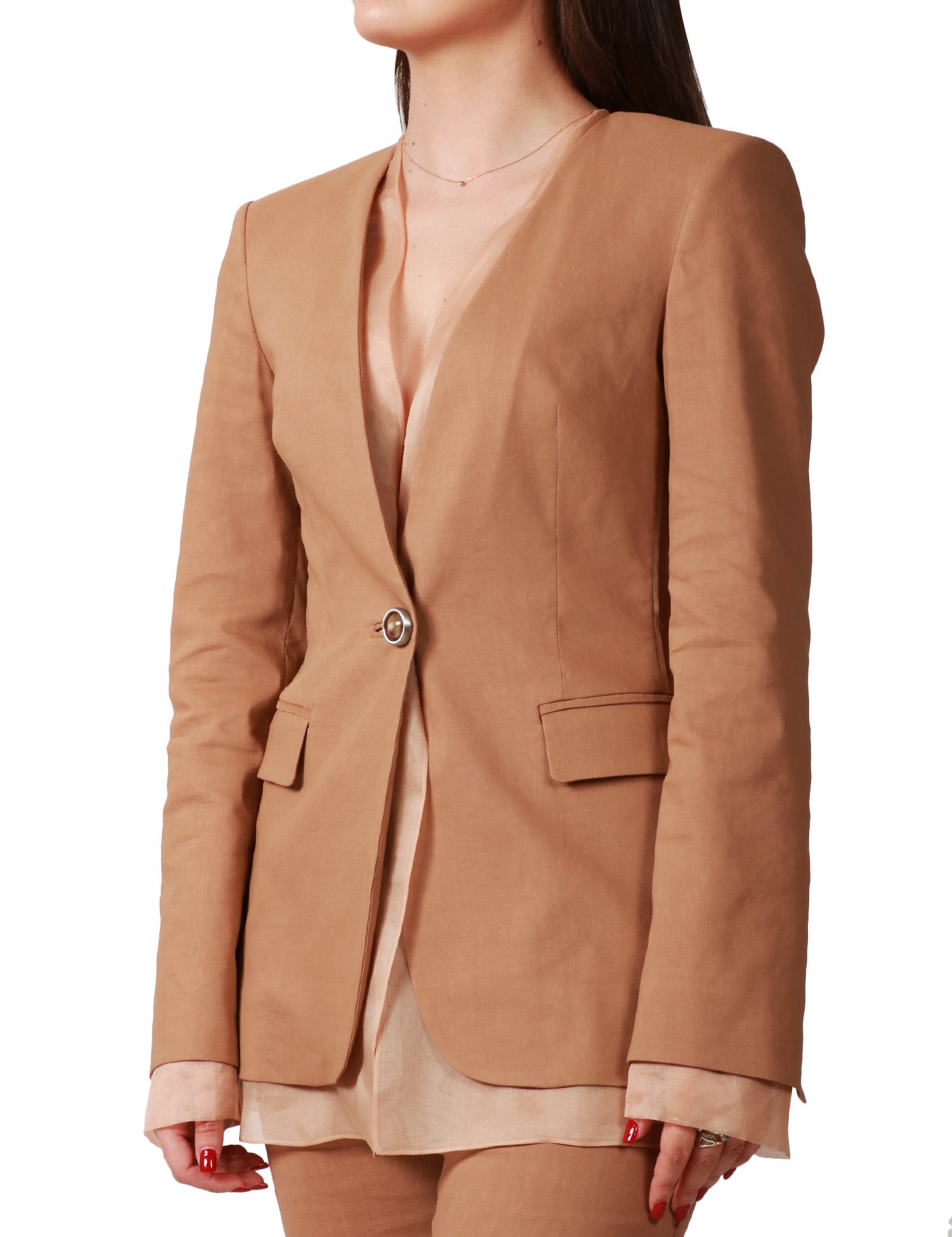 GIACCA DONNA PINKO GALLINA MARRONE MONOPETTO IN LINO STRETCH CON PROFILI IN ORGANZA DI SETA
