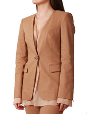 GIACCA DONNA PINKO GALLINA MARRONE MONOPETTO IN LINO STRETCH CON PROFILI IN ORGANZA DI SETA