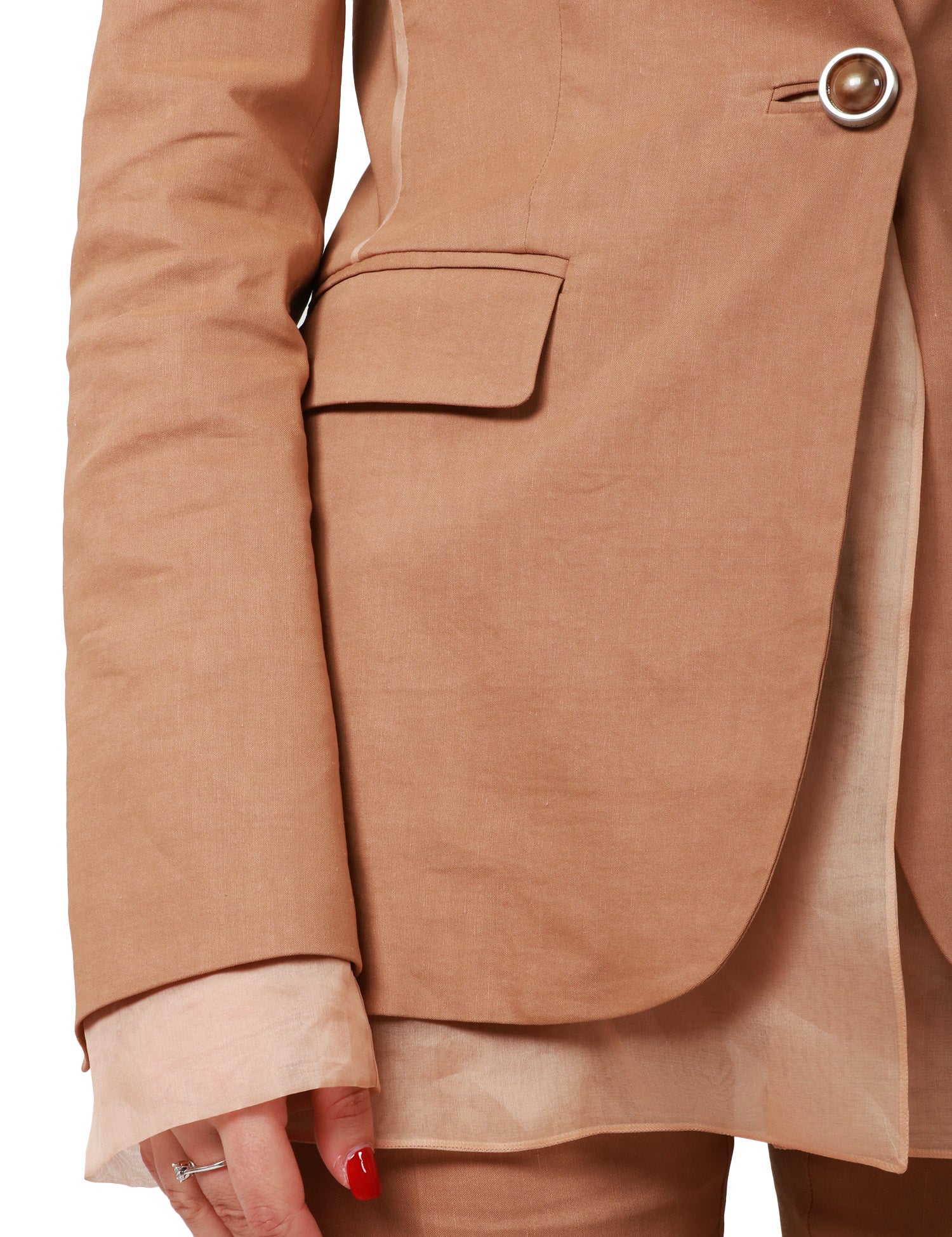 GIACCA DONNA PINKO GALLINA MARRONE MONOPETTO IN LINO STRETCH CON PROFILI IN ORGANZA DI SETA