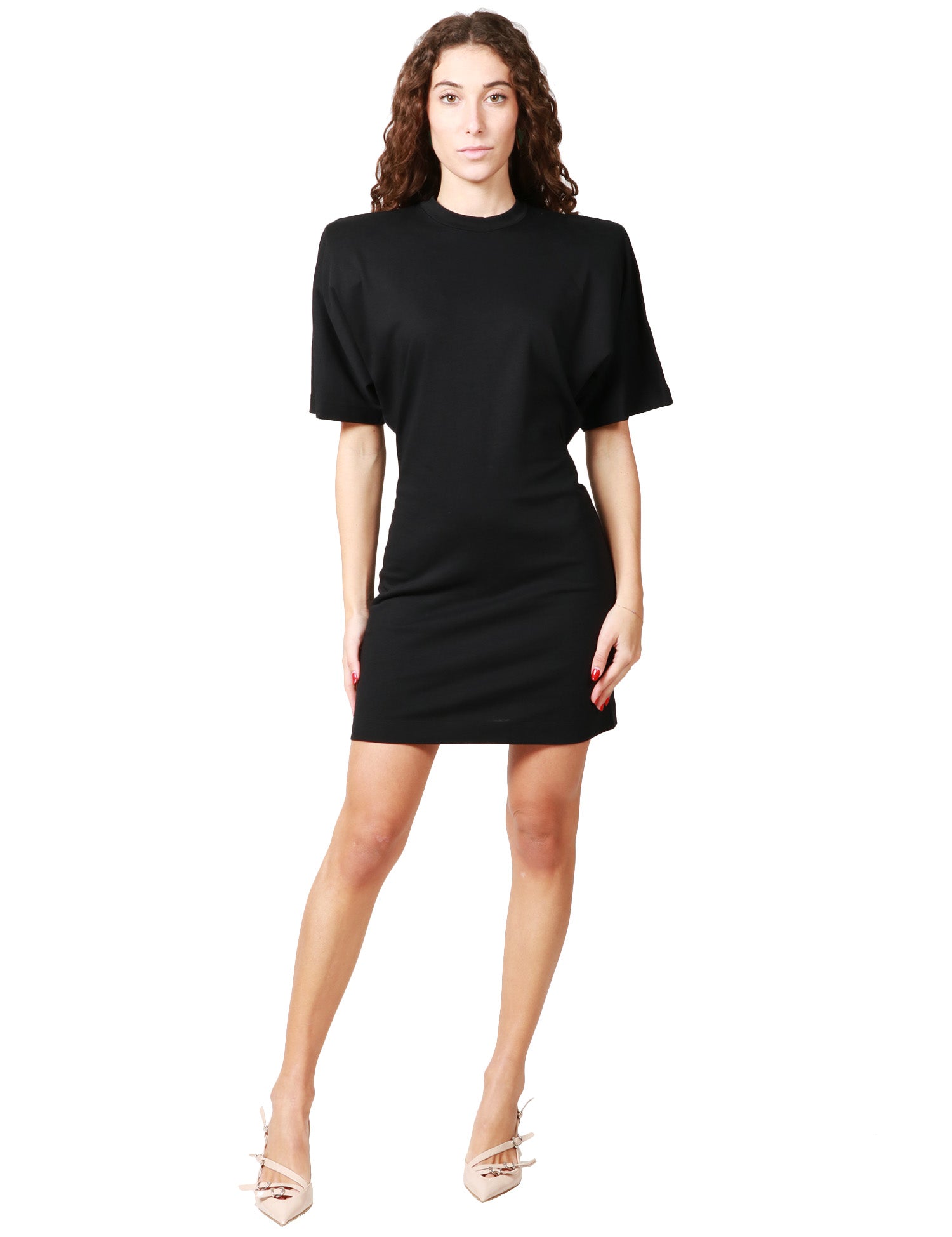 ABITO DONNA PINKO GRADY NERO IN JERSEY STRUTTURATO A MEZZA MANICA CON SPALLE IMBOTTITE E CINTURA
