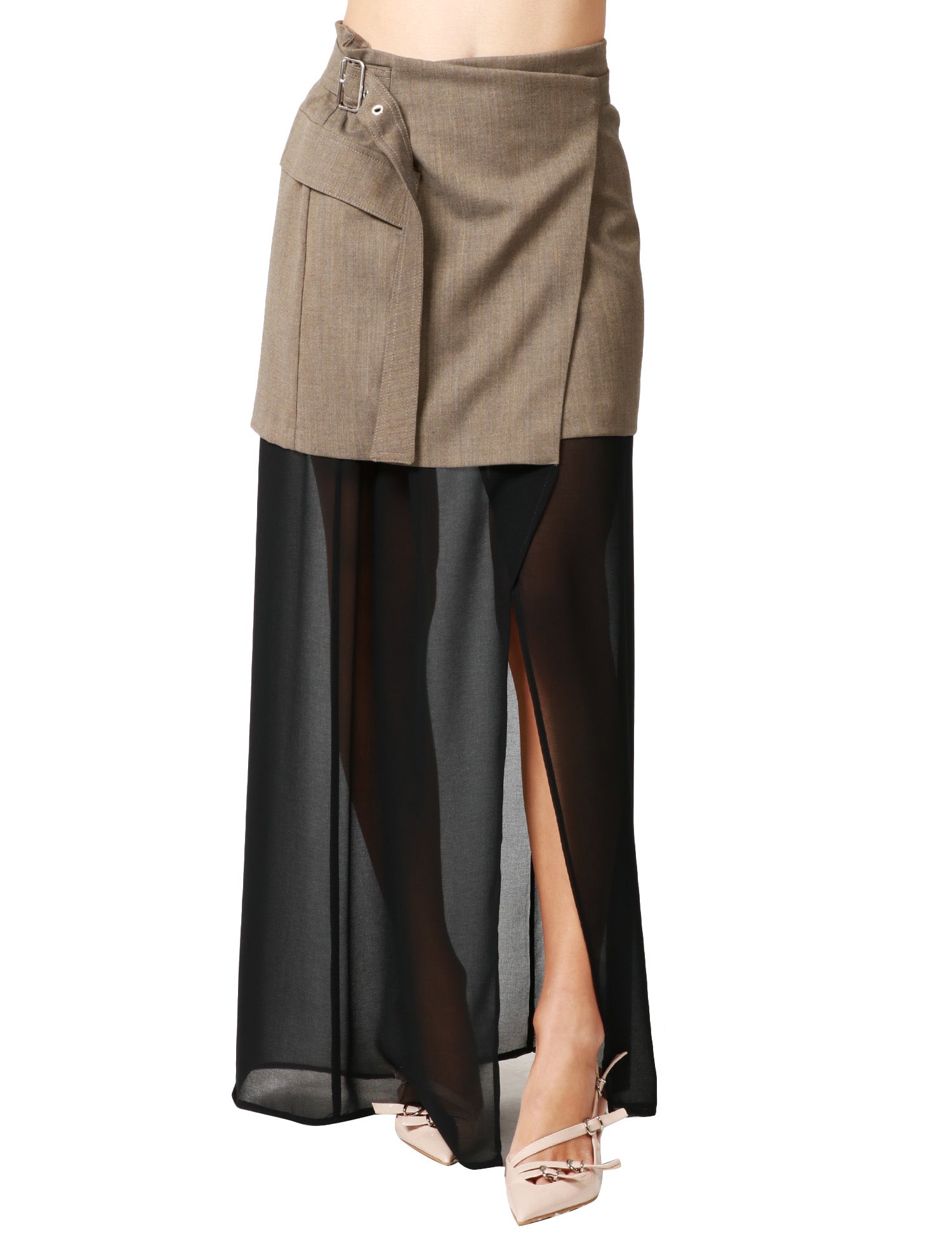 GONNA PINKO ILLUSIONE MARRONE/NERA CON CINTURA E LUNGHEZZA IN TESSUTO VELATO CON SPACCHI