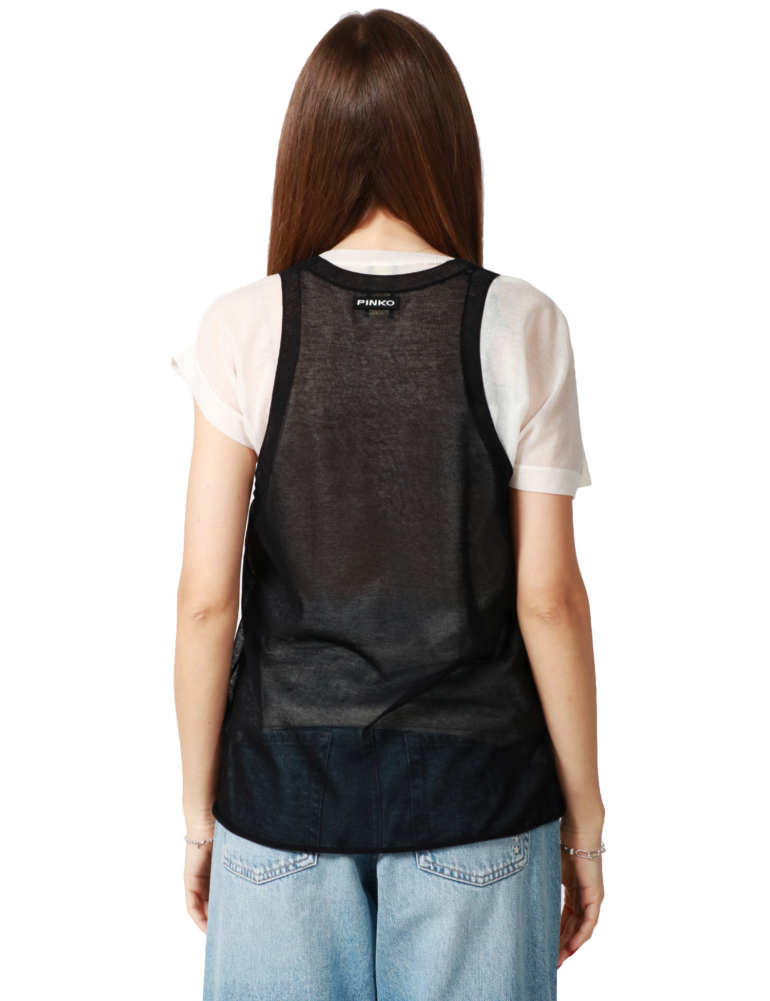 T-SHIRT DONNA PINKO MARK NERO/BIANCO CON MANICHE ASIMMETRICHE E CANOTTIERA ABBINATA IN CRèPE DI COTONE