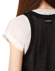 T-SHIRT DONNA PINKO MARK NERO/BIANCO CON MANICHE ASIMMETRICHE E CANOTTIERA ABBINATA IN CRèPE DI COTONE