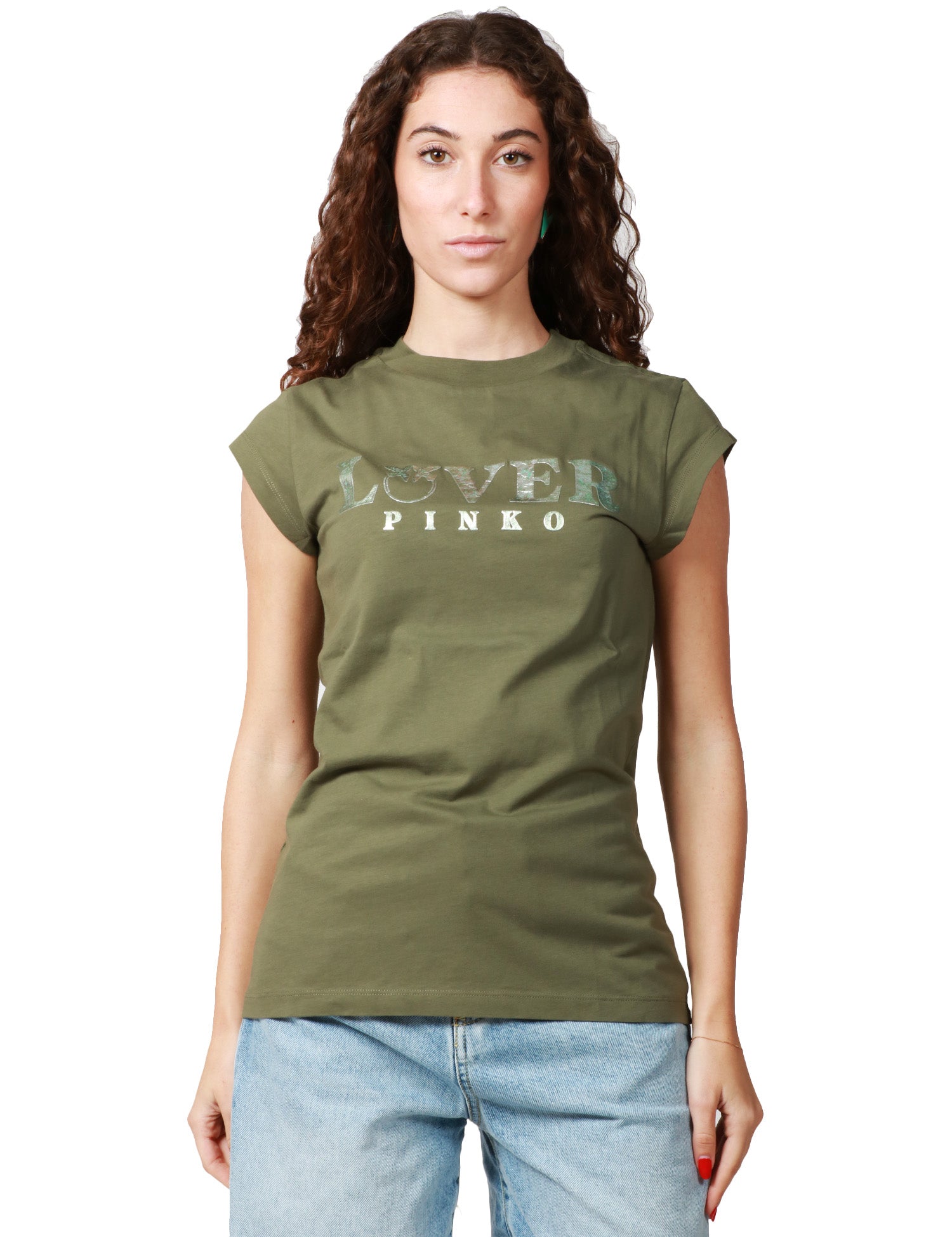 T-SHIRT DONNA PINKO MARRAKECH OLIVA IN JERSEY CON STAMPA METALLIZZATA "PINKO LOVER"