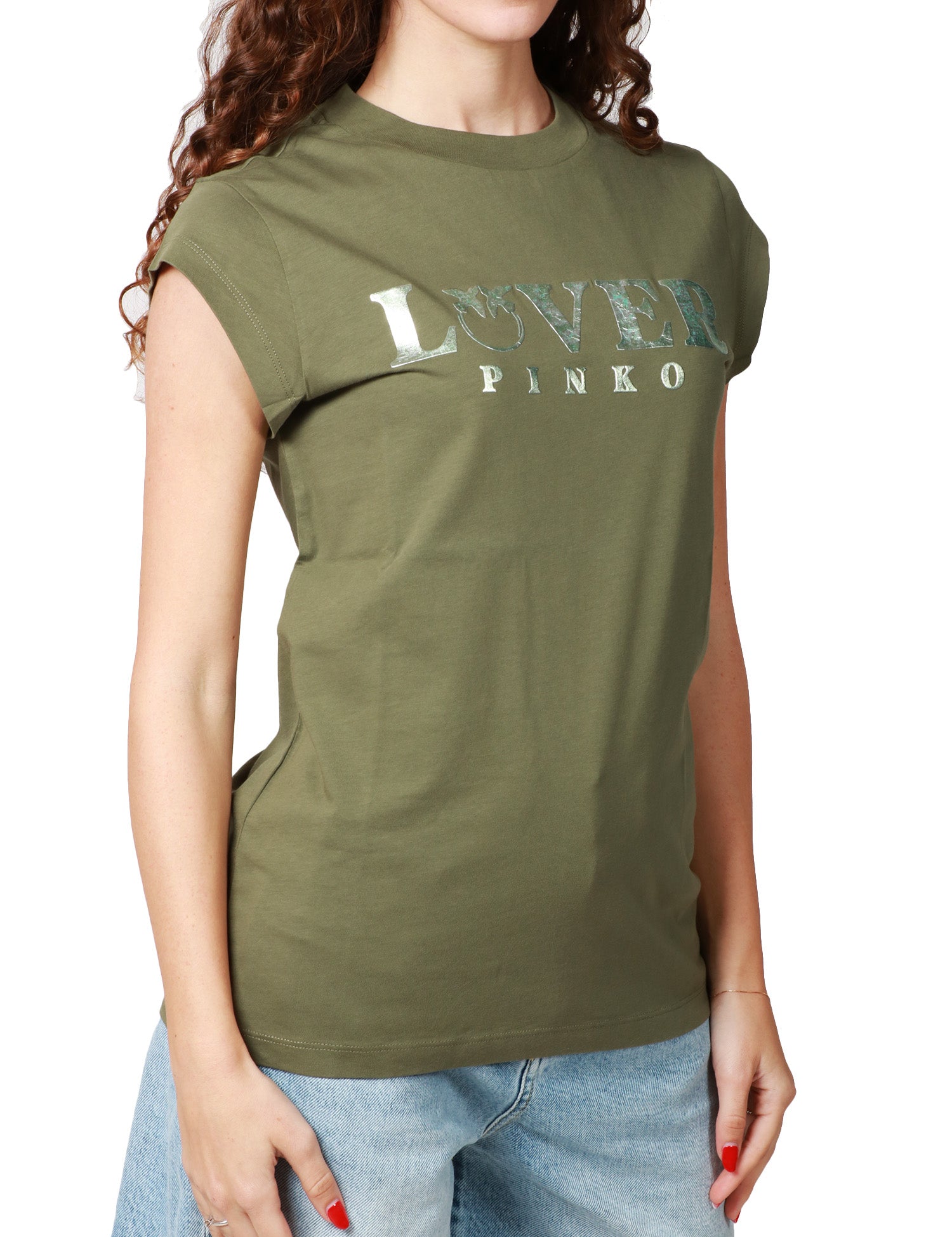 T-SHIRT DONNA PINKO MARRAKECH OLIVA IN JERSEY CON STAMPA METALLIZZATA "PINKO LOVER"