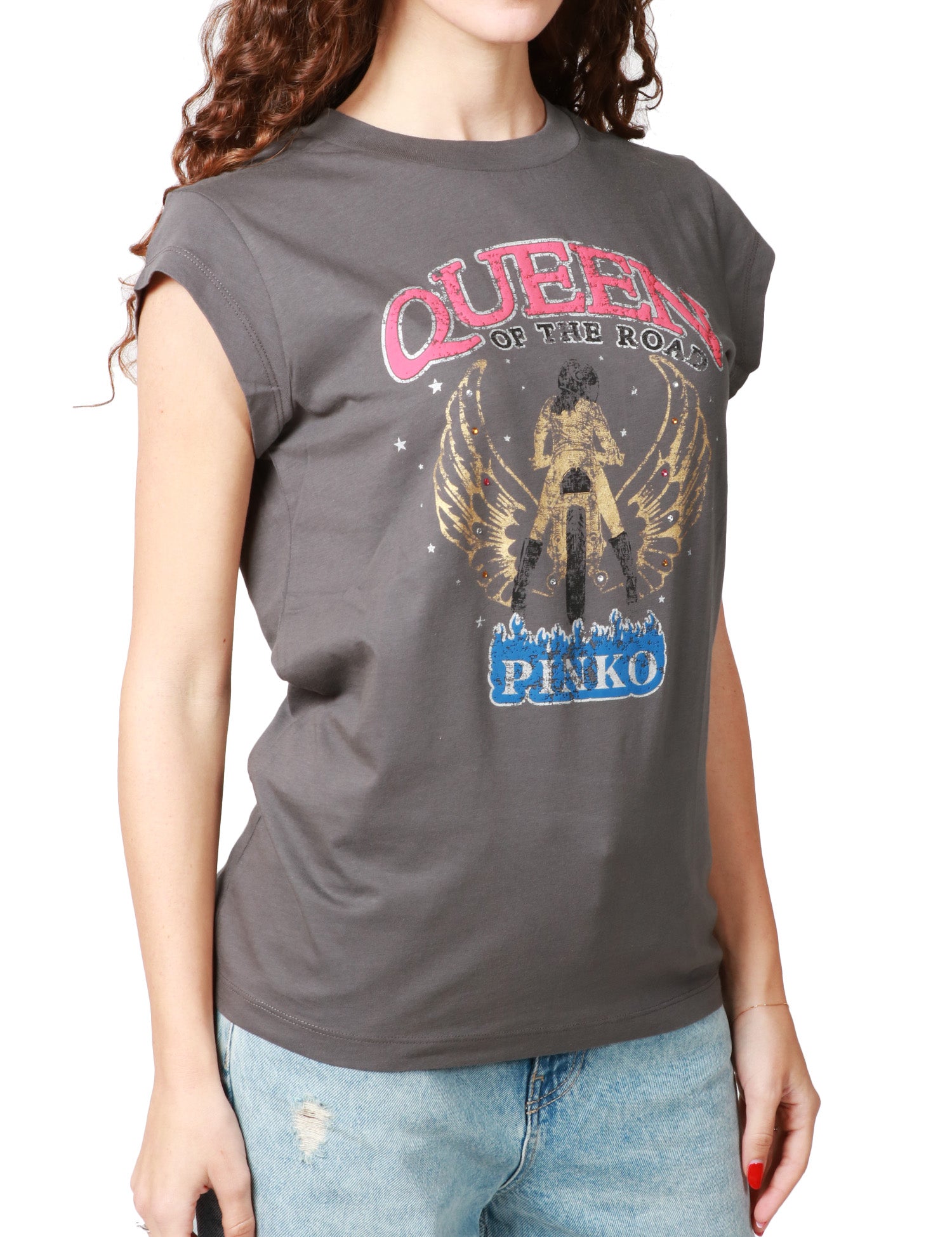 T-SHIRT DONNA PINKO MARRAKECH GRIGIO CON STAMPA "QUEEN OF THE ROAD"