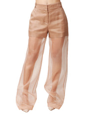 PANTALONE DONNA PINKO PISPOLA MARRONE IN LINO STRETCH E ORGANZA TRASPARENTE