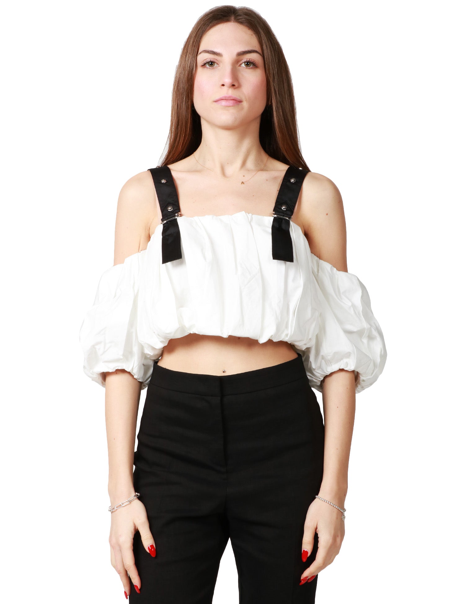 Top donna pinko bianco corto a palloncino con spalle scoperte