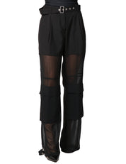 PANTALONE DONNA PINKO RIVER NERO CARGO A PALAZZO CON PARTE INFERIORE IN GEORGETTE SEMITRASPARENTE