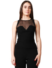 TOP DONNA PINKO SHISPARE NERO ADERENTE IN MAGLIA DI MISTO SETA E CACHEMIRE A COSTINE SEMITRASPARENTE