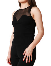 TOP DONNA PINKO SHISPARE NERO ADERENTE IN MAGLIA DI MISTO SETA E CACHEMIRE A COSTINE SEMITRASPARENTE