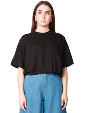 T-SHIRT DONNA PINKO NERA TAGLIO CROPPED CON RICAMO LOGO DAVANTI E PIEGHE SUL FONDO