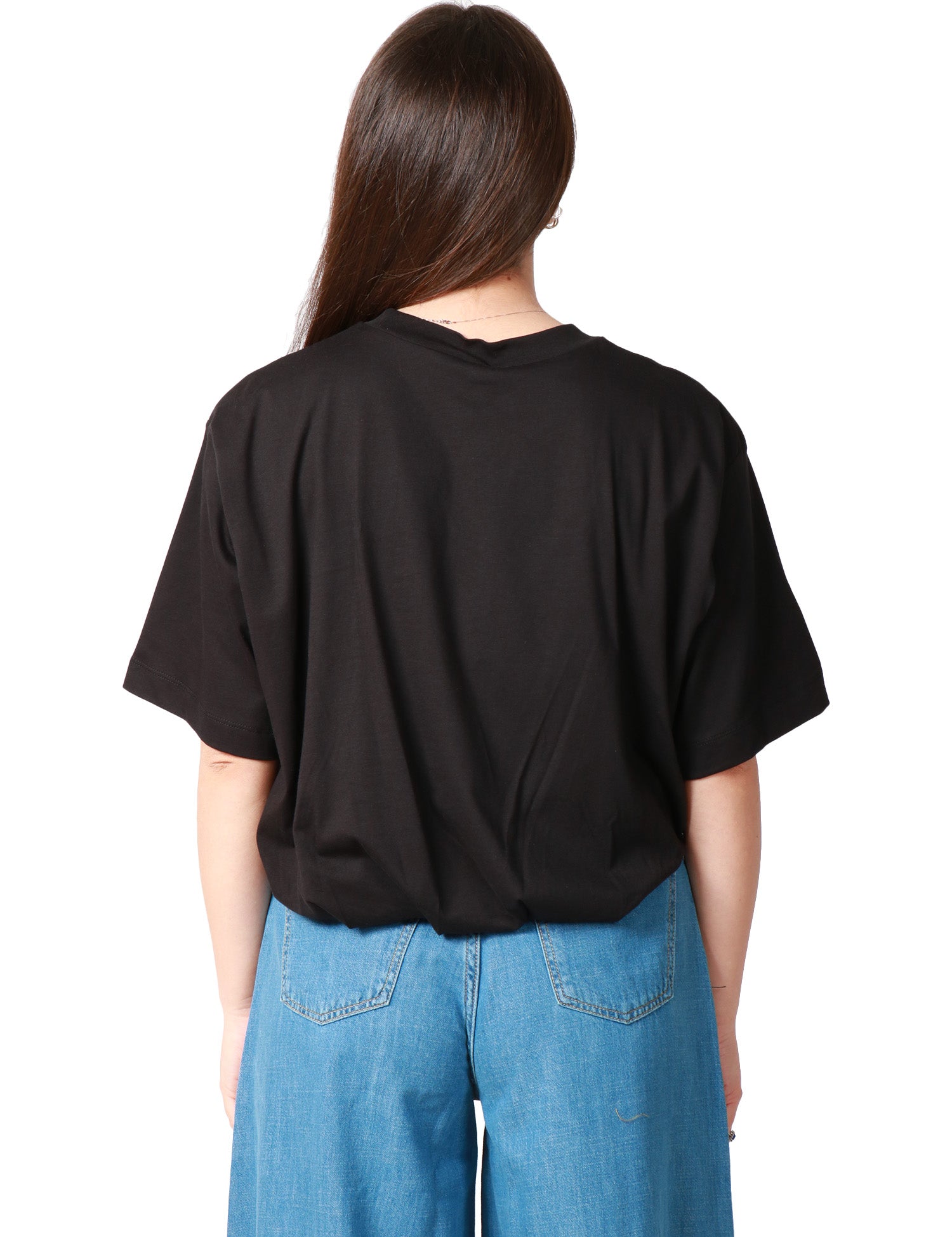 T-SHIRT DONNA PINKO NERA TAGLIO CROPPED CON RICAMO LOGO DAVANTI E PIEGHE SUL FONDO